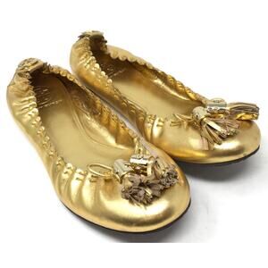 Tory Burch Reese Women's Size 8.5 Metallic Gold Bow Tassel Slip-on Ballet Flats
